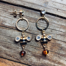 Load image into Gallery viewer, Gold Bee Hoop Amber Earrings
