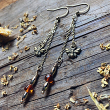 Load image into Gallery viewer, Long Bronze Bee Amber Earrings 2

