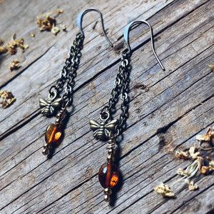 Long Bronze Bee Amber Earrings