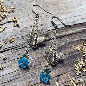 Gold Bee Blue Flower Earrings