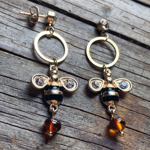 Gold Bee Hoop Amber Earrings