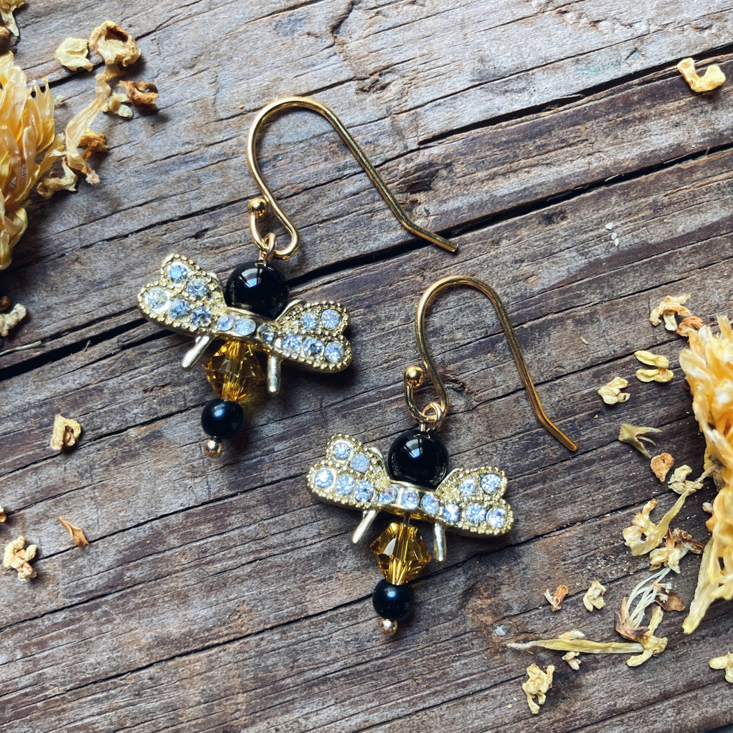 Gold Queen Bee Crystal Earrings