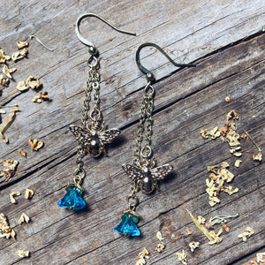 Gold Bee Blue Flower Earrings