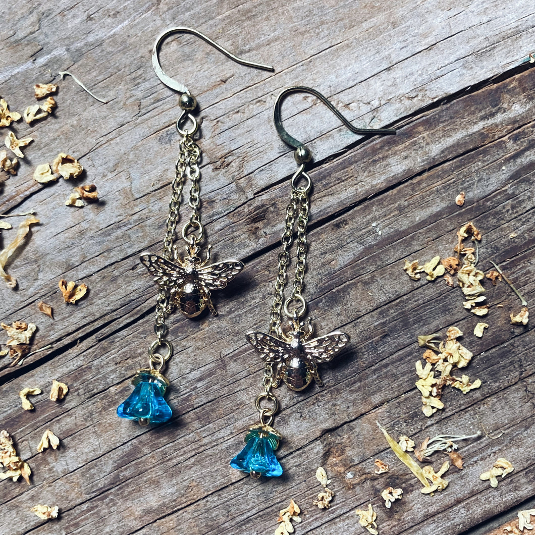 Gold Bee Blue Flower Earrings