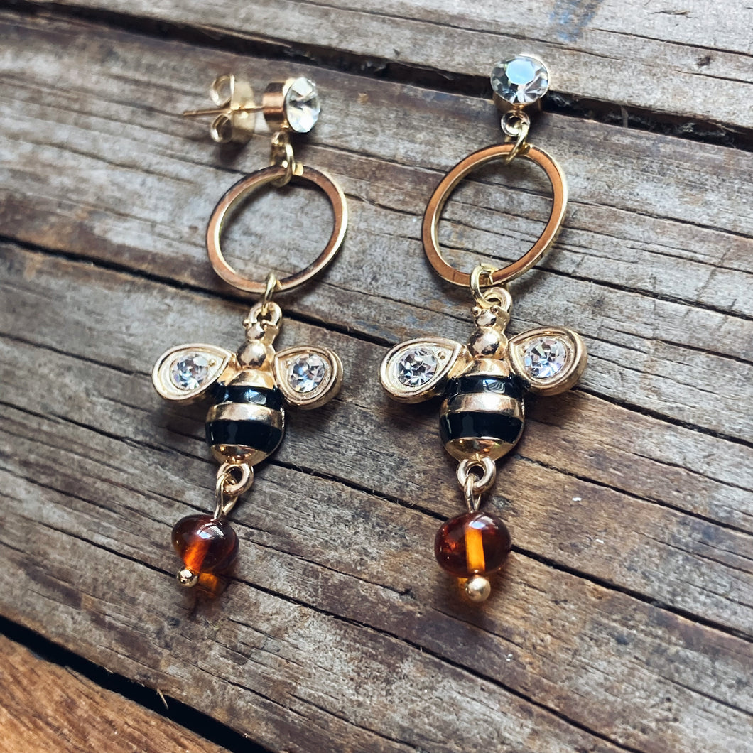 Gold Bee Hoop Amber Earrings