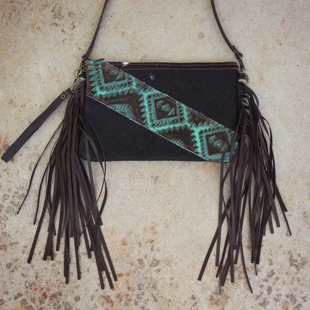 Black Hair on Hide Leather Fringe & Navajo Handbag/Crossbody