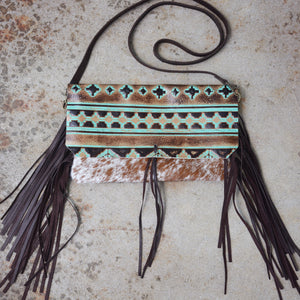 Hair on Hide Leather Fringe Handbag with Navajo Flap